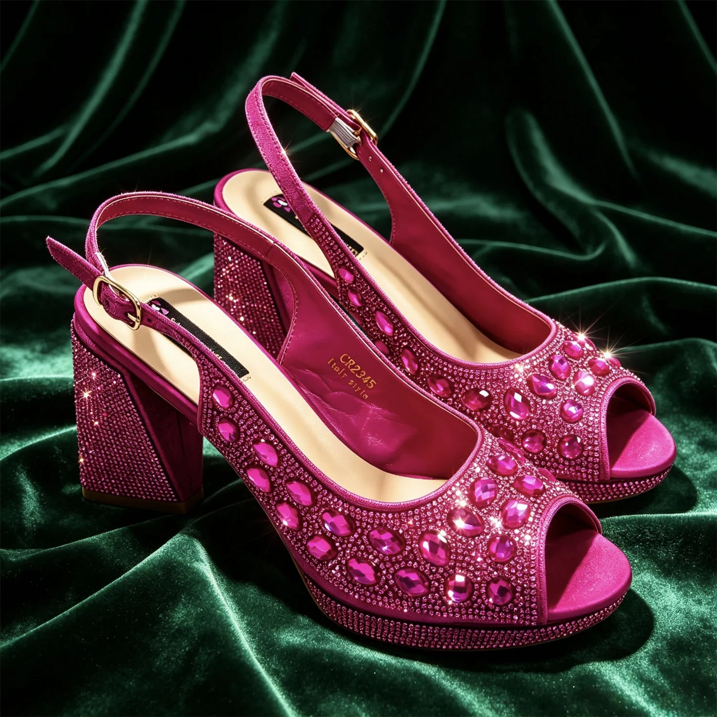 Venus Chan Elegant Gold Striped Peep Toe High Heels and Matching Bag Set – Rhinestone Decor for Parties and Weddings