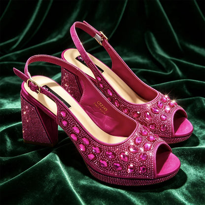 Venus Chan Elegant Gold Striped Peep Toe High Heels and Matching Bag Set – Rhinestone Decor for Parties and Weddings