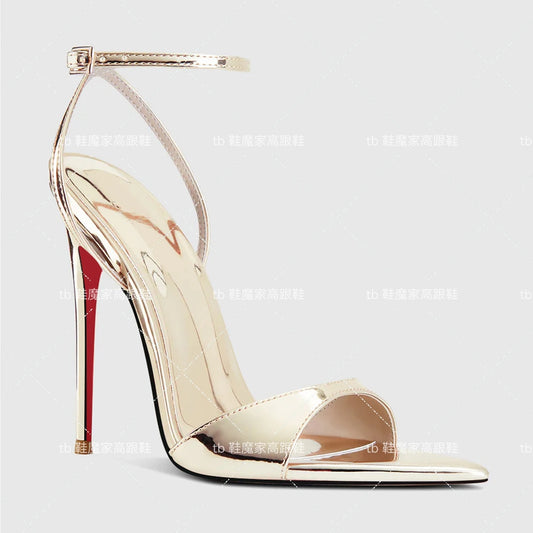 Fashionable and sexy high heels 2025 new pointed toe open toe straight buckle sandals for women's fashion plus size shoes