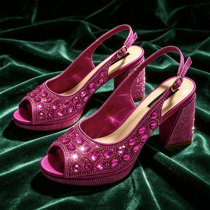 Venus Chan Elegant Gold Striped Peep Toe High Heels and Matching Bag Set – Rhinestone Decor for Parties and Weddings