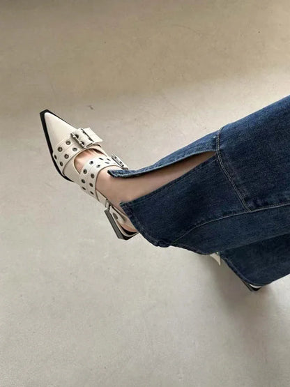 Women's New French Style Pointed Toe Mary Jane Shoes Retro Medium Thick Heel Shoes for Women with Skirts and Small Leather Shoes