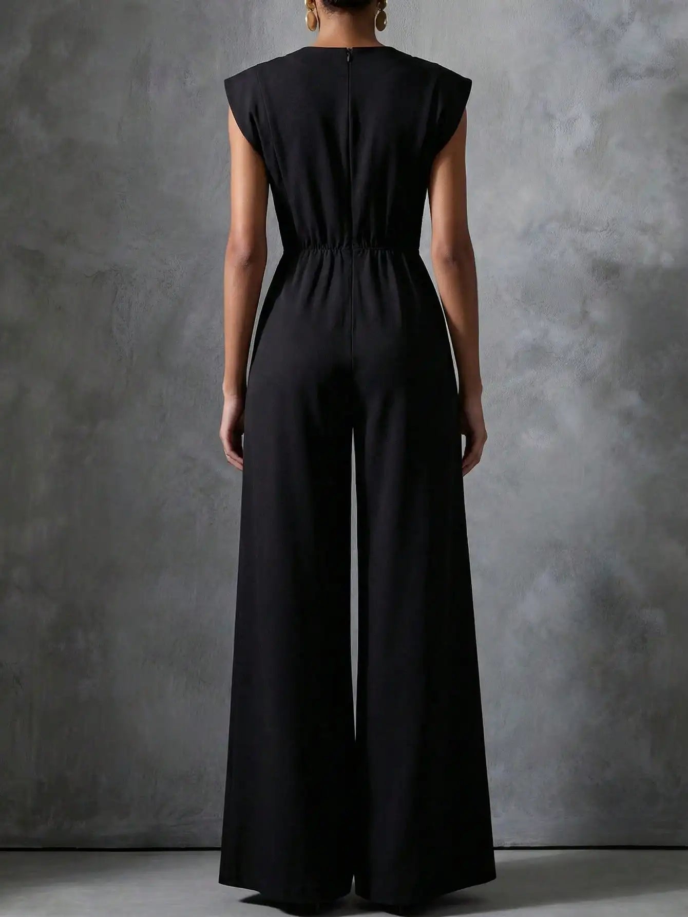 Women's Jumpsuits & Rompers, Black Sleeveless Wide Leg with Decorative Buttons, Tailored Formal Evening Outfit
