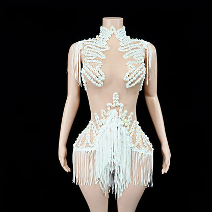 Sexy Mesh Sheer Black Rhinestone Tassel Bodysuit Women Singer Dancer Stage Show Outfit Nightclub Leotard Party Performance Wear