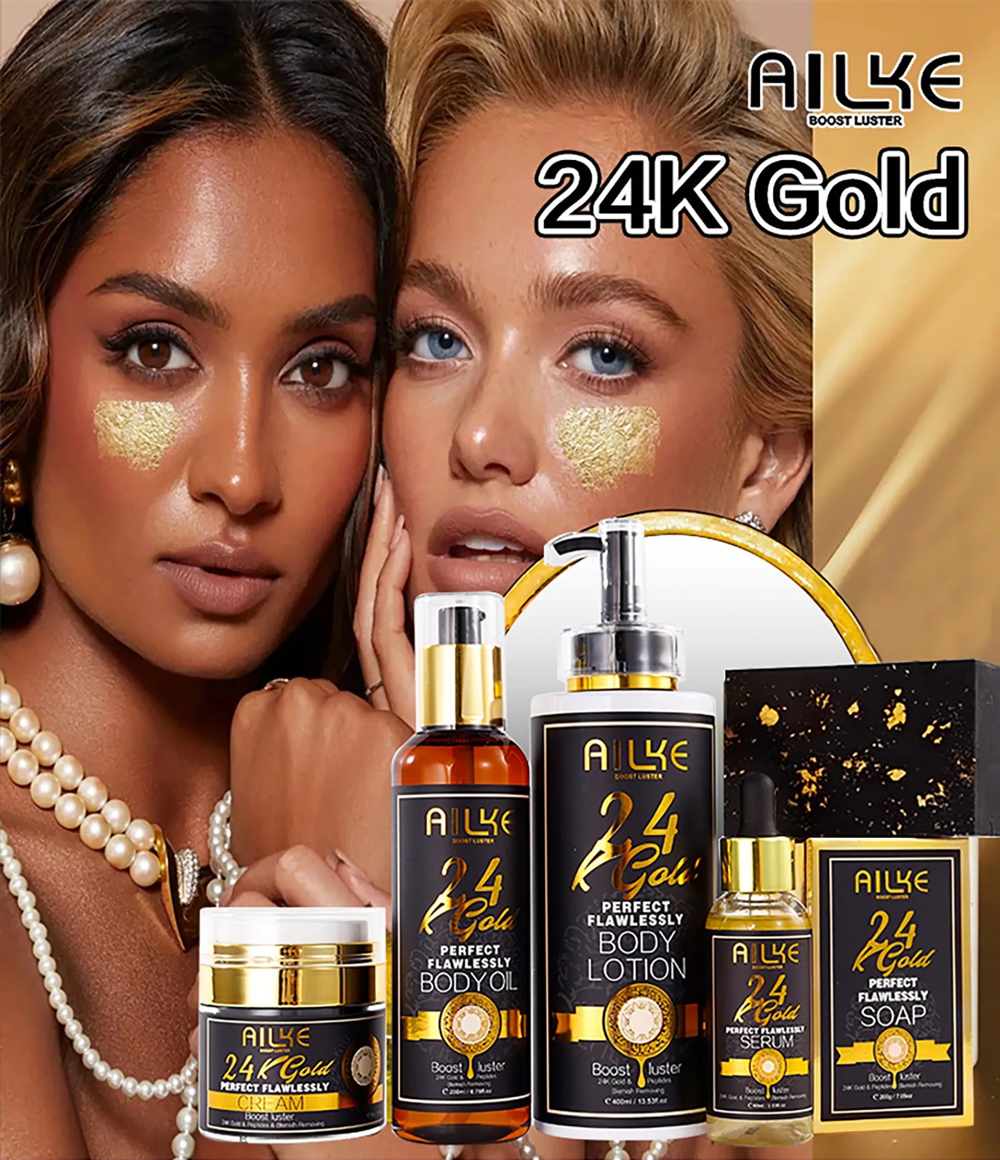 AILKE 24K Glod Flawlessly Skin Care Range, Skin Whitener, Reduce Dark Spots, Melanin, Wrinkles, Moisturize, For Women & Men