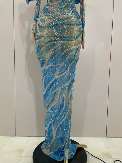 2025 Luxury Sparkly Rhinestones Blue Long Dress With Gloves Women Party Evening Birthday Dresses Celebrate Stage Catwalk Gowns