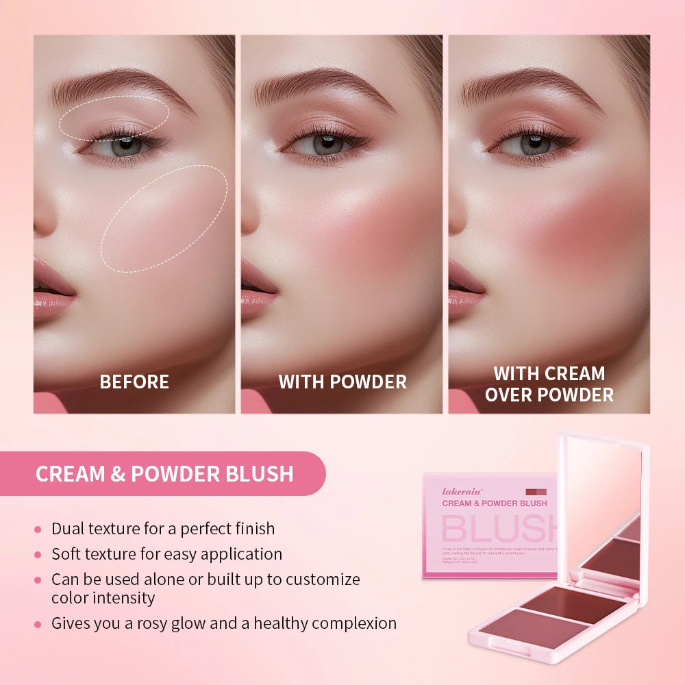 Lakerain Blush Cream Long Lasting High Pigmented Natural Pink Smooth Texture 2 IN 1 Cream & Powder Blusher Korean Makeup