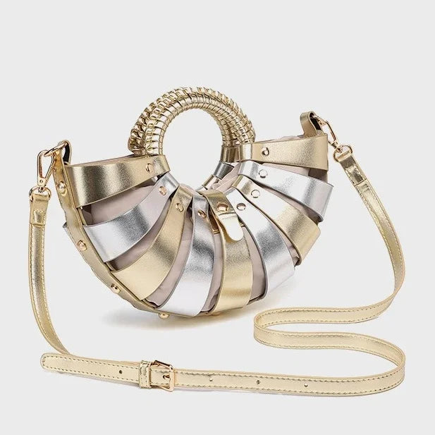 New Women's Fashionable Ring Design Crossbody Bag Hollowed Out Inner Bag Shell Bag Vegetable Basket Handbag Retro Woven Handbag