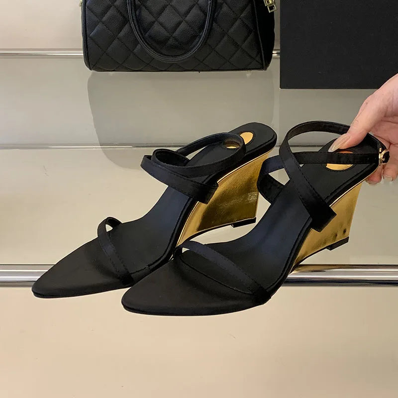 Wedges Sandals High Heels Shoes For Women New In Summer Spring Ankle Strap Luxury Thick Soled Shoes Party Ladies Heeled Sandals