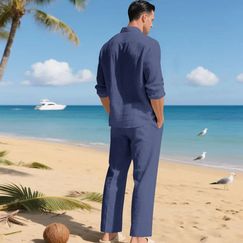 The 2026 Summer Men's linen short-sleeved shirt set is a two-piece long pants set suitable fordaily casual beach vacations 2Pcs
