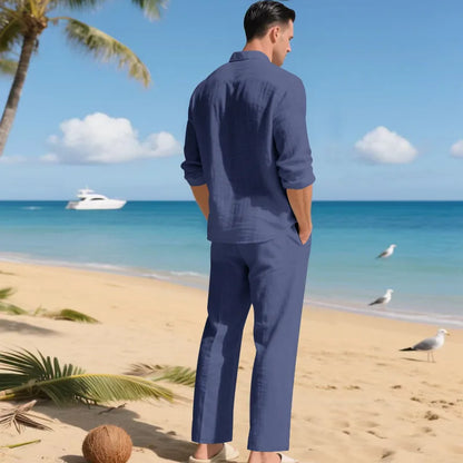 The 2026 Summer Men's linen short-sleeved shirt set is a two-piece long pants set suitable fordaily casual beach vacations 2Pcs