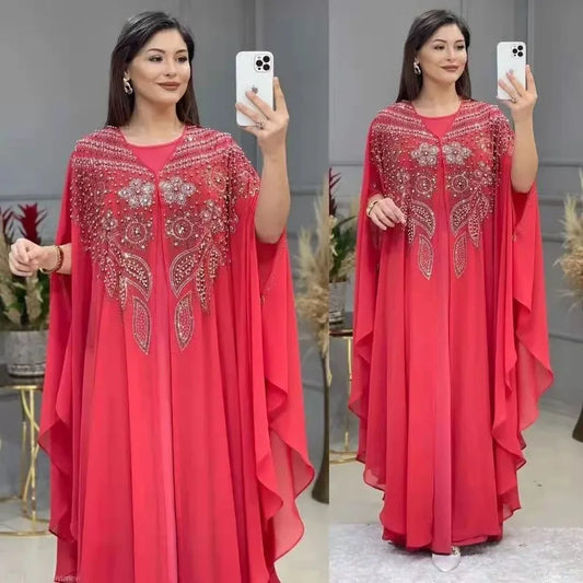 Muslim Dress for Women Loose Batwing Sleeved Beaded Long Abaya Dress Kaftan Abayas Islamic Robe Two Piece Set