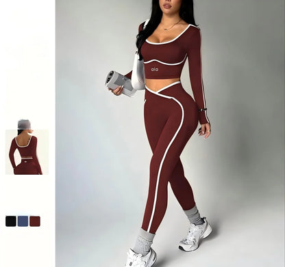 2026 Popular Color Blocking Yoga Set, Tight Yoga Long Sleeved Pants V Waist and Hip Lifting Tight Yoga Pants Luxury Set