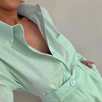 Women's Long Sleeve 2-Piece Set Casual Button Detail Shorts Outfit with Shirt Top Summer Fashion Female Suit