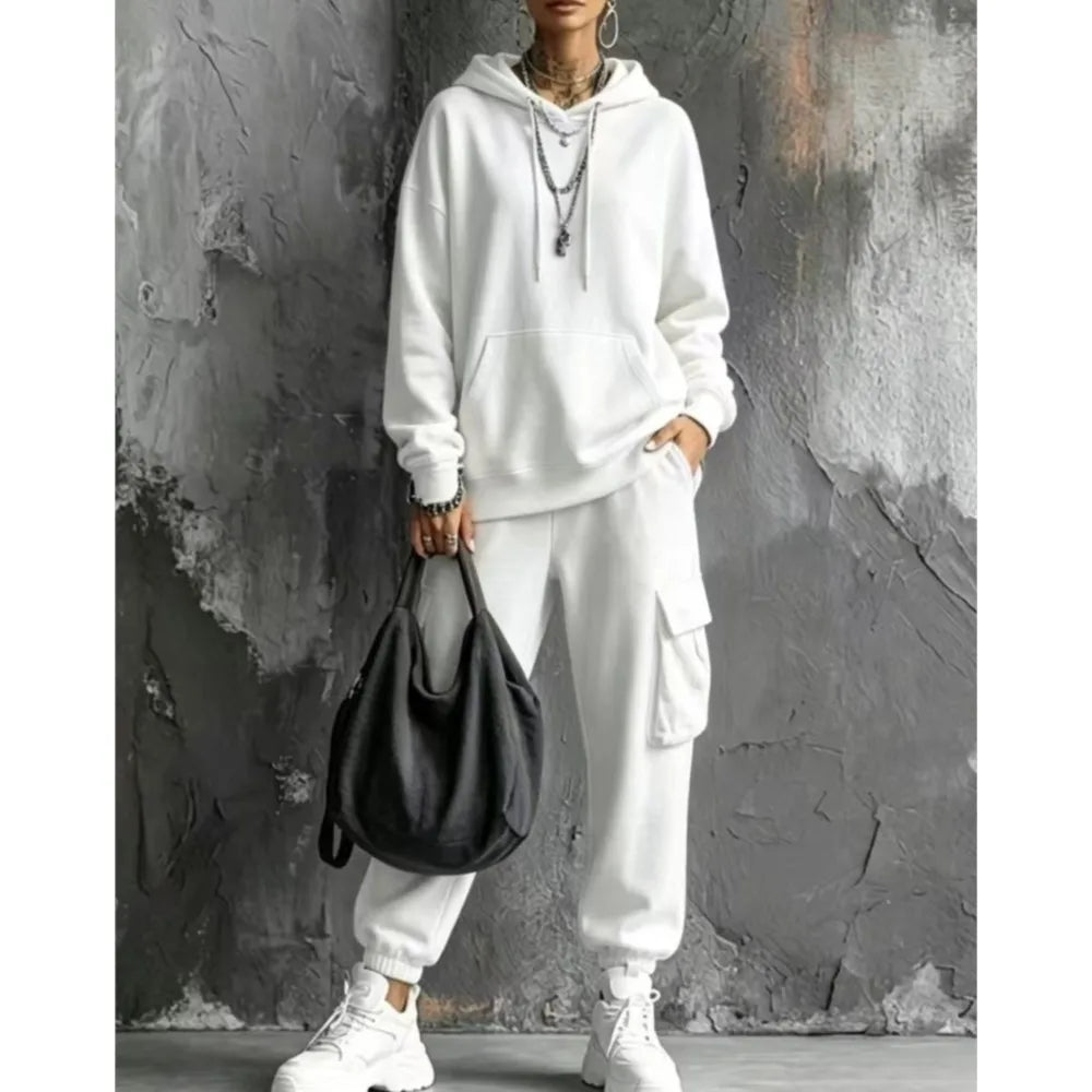 Autumn Winter New Casual Solid Color Hooded Sweatshirt Trousers Set 2026 Fashion Pocket Loose Sports Trousers Female 2 Piece Set