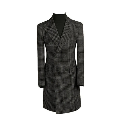 Autumn Winter Houndstooth Men's Long Coat Double Breasted Classic Jacket for Wedding Formal Blazers Groom Business Tuxedos