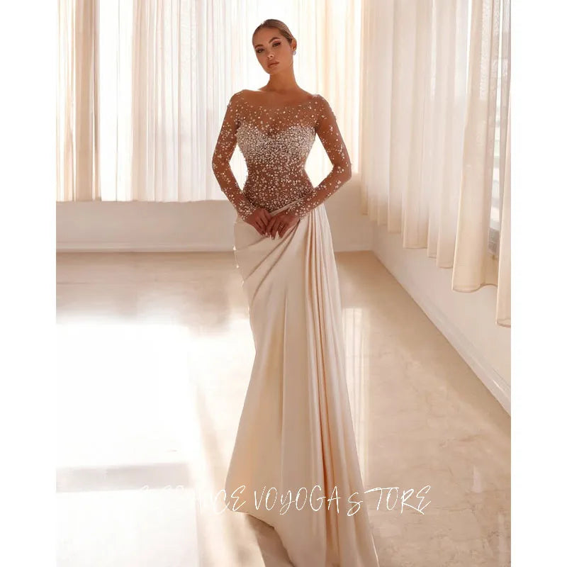 EVS Luxury White Flowing Satin Evening Dresses With See Through Top For Women Long Mermaid Prom Dress Wedding Party Gowns Custom