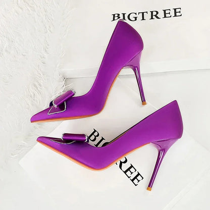 BIGTREE Fashion Korean Version 10cm High Heels Pumps Silk Shallow Pointed Toe Crystal Butterfly BowKnots Lady Red Purple Shoes