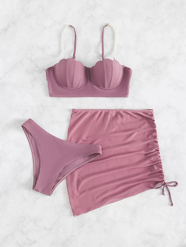 2025 New Sexy Three-piece Bikini Women Solid Drawstring Skirt Swimsuit Sling Backless Swimwear Tight Gathered Beach Bathing Suit