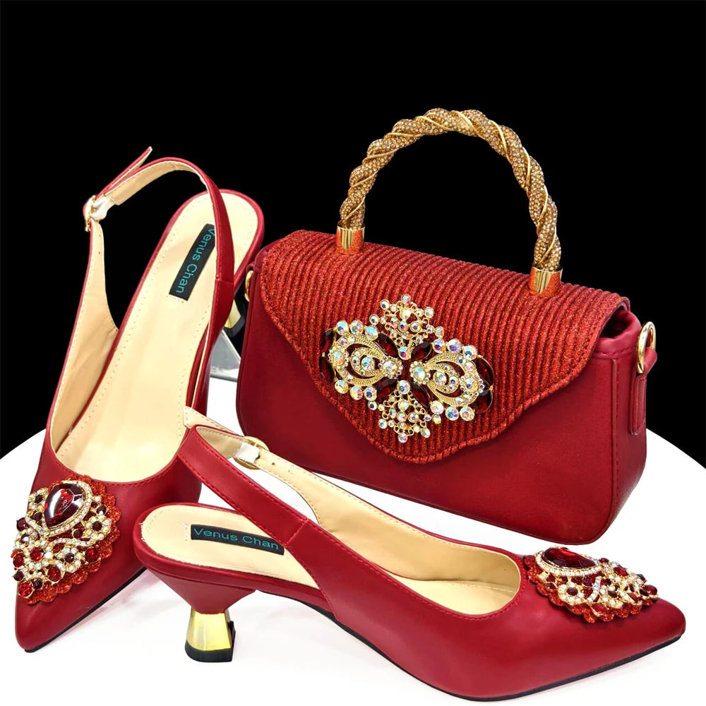 Venus Chan Italian Shoes and Bags Matching Set 2024 Nigeria Elegance Party Rhinestone Pointed Toe Women's Shoes High Heel