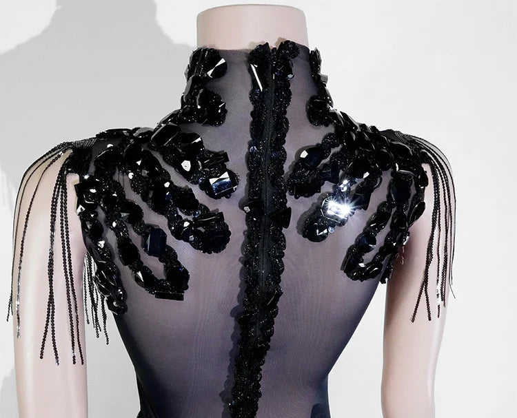 Sexy Mesh Sheer Black Rhinestone Tassel Bodysuit Women Singer Dancer Stage Show Outfit Nightclub Leotard Party Performance Wear