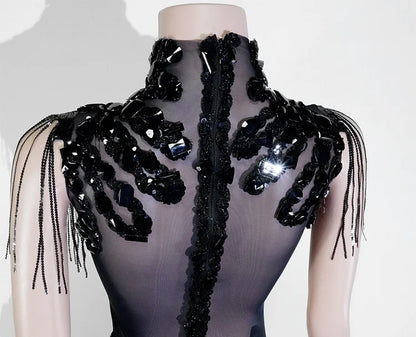 Sexy Mesh Sheer Black Rhinestone Tassel Bodysuit Women Singer Dancer Stage Show Outfit Nightclub Leotard Party Performance Wear