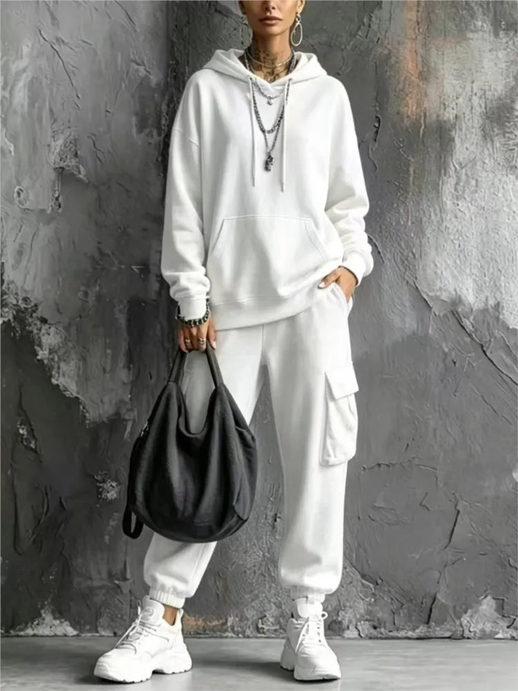 Autumn Winter New Casual Solid Color Hooded Sweatshirt Trousers Set 2026 Fashion Pocket Loose Sports Trousers Female 2 Piece Set