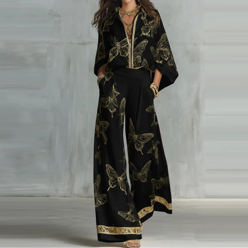 Casual Long Sleeve Pocket Loose 2Pc Sets Lapel Zipper Shirt & Wide Leg Pants Suit Women Fashion Butterfly Print Matching Outfits