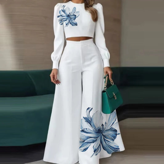 Krisstarsgirls Women's Elegant Floral Print 2 Piece Set 2026 Spring New Puff Sleeves Tops Wide Leg Pants Sets for Office Ladies