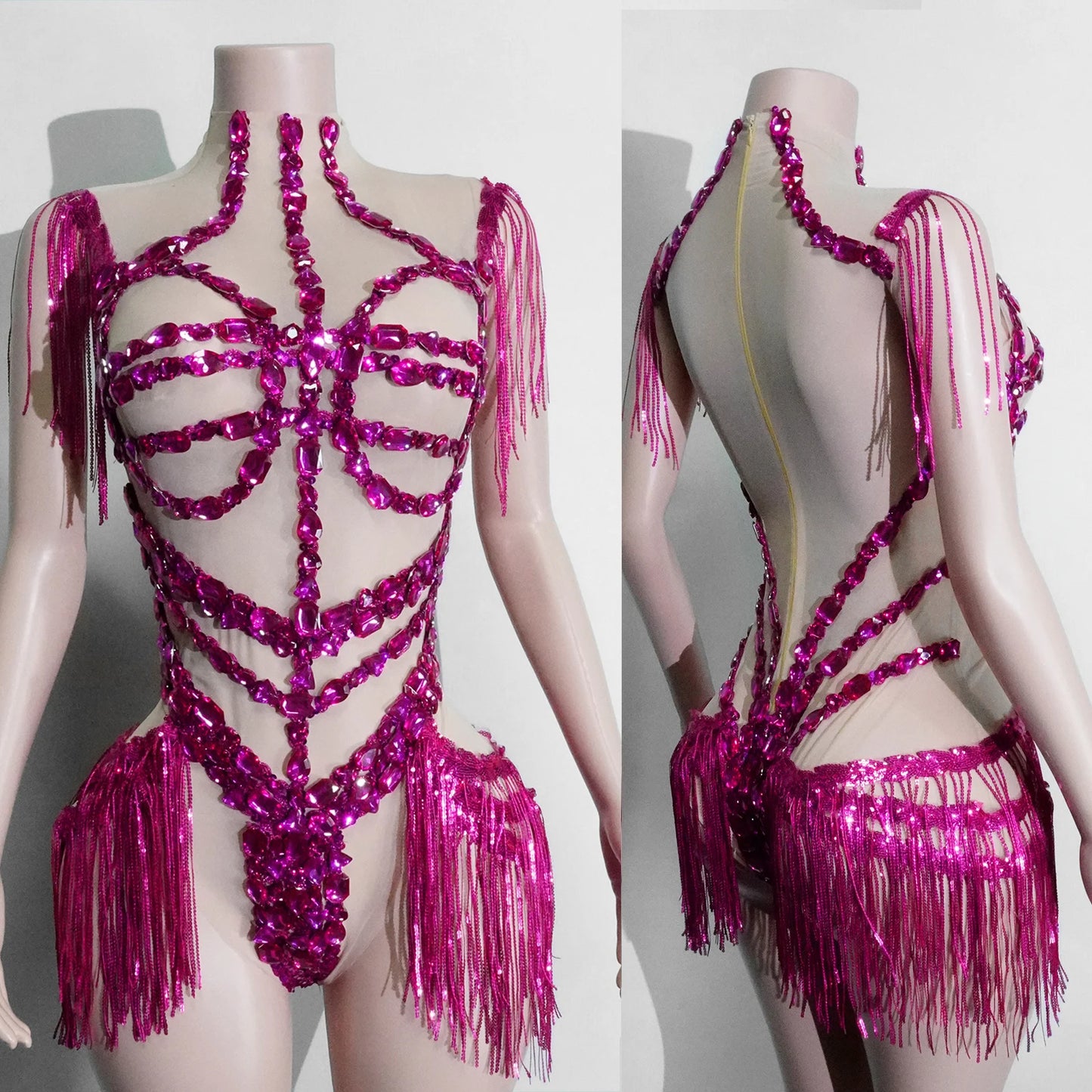 Sexy Mesh Sheer Black Rhinestone Tassel Bodysuit Women Singer Dancer Stage Show Outfit Nightclub Leotard Party Performance Wear