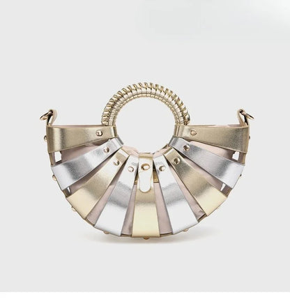 New Women's Fashionable Ring Design Crossbody Bag Hollowed Out Inner Bag Shell Bag Vegetable Basket Handbag Retro Woven Handbag