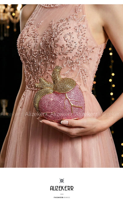 Alizekerr Heart Shaped Diamond Evening Bags Women 2026 Gorgeous Metallic Rhinestone Purses Ladies Unique Handbags Wedding Party