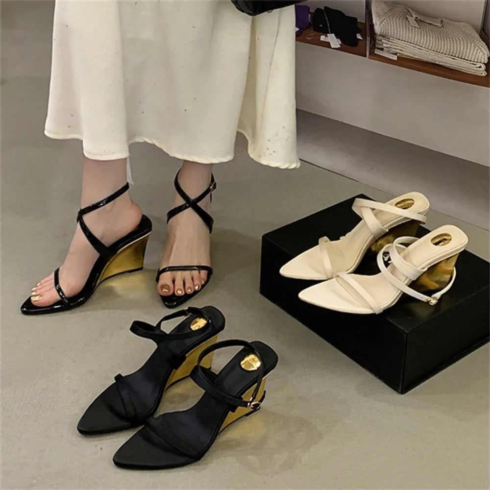 Street Style Design Wedges Heels Women Sandals Buckle Strap Pointed Toe Banquet Shoes Summer Ladies Pumps