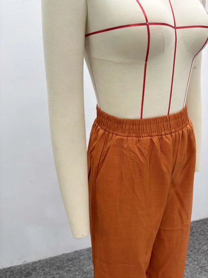 Wmstar Two Piece Set Women Wholesale Lapel Loose Single Breasted Shirt High Waisted Straight Leg Pants Casual Elegant Suit
