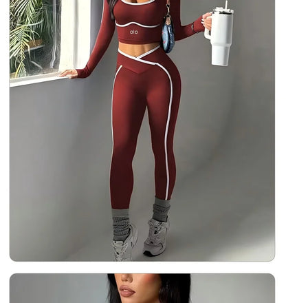 2026 Popular Color Blocking Yoga Set, Tight Yoga Long Sleeved Pants V Waist and Hip Lifting Tight Yoga Pants Luxury Set