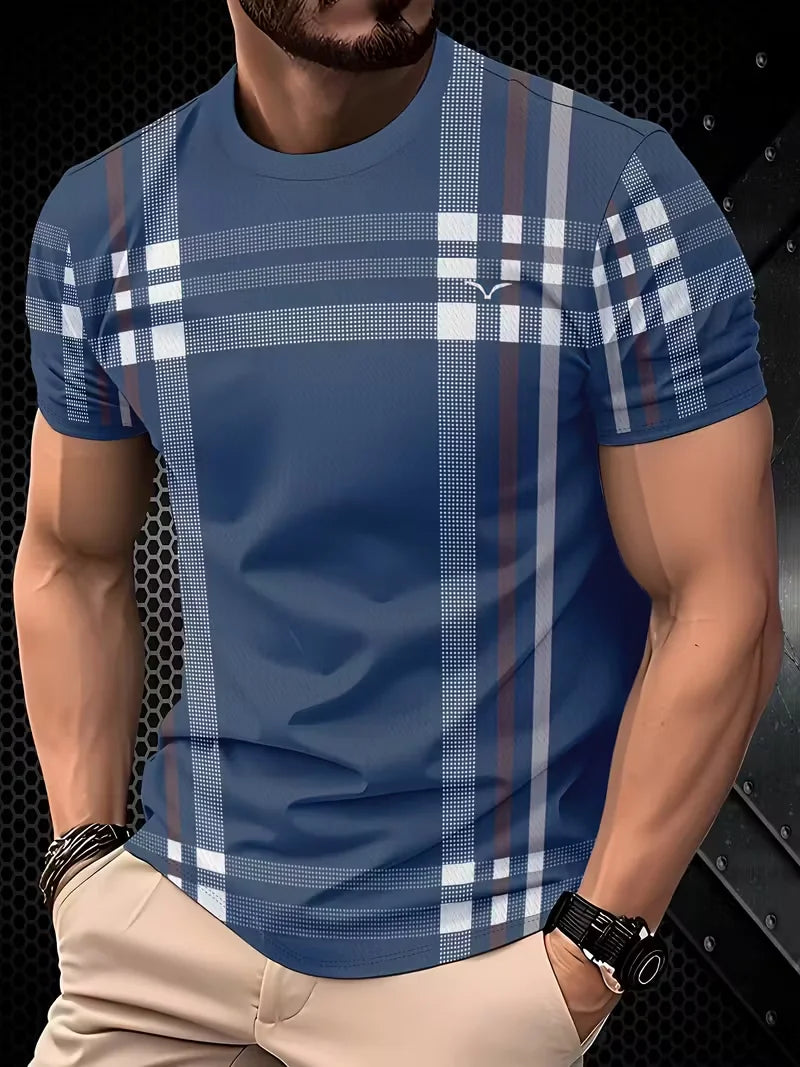Men’s Summer Plaid Striped T-Shirt – Beige & Gray Color Block, Slim Fit Casual Crew Neck Tee for Daily Wear