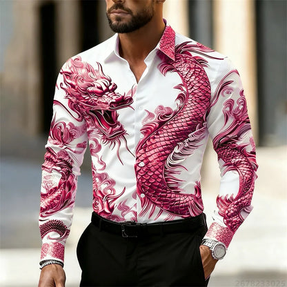 Men's shirt long sleeve shirt Chinese dragon HD pattern 3D printing lapel fashion casual street top, high quality fabric
