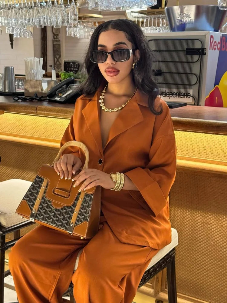 Wmstar Two Piece Set Women Wholesale Lapel Loose Single Breasted Shirt High Waisted Straight Leg Pants Casual Elegant Suit