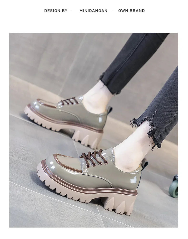 Fashionable Thick Soled High Rise Loafers with Thick Heels Shoes for Women 2024 Autumn Winter New Lace-up Women's Boot
