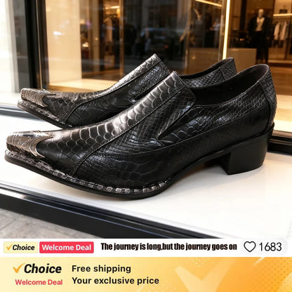 steel toe high heels Snake pattern red black wedding oxford for men rivets formal shoes men genuine leather party shoes men