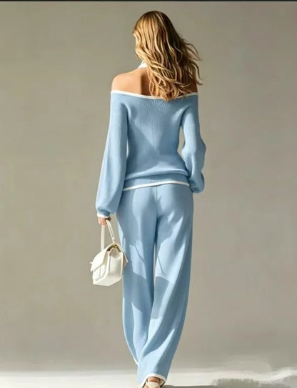 Women Sexy Off-shoulder Long-sleeved T-shirt Trousers 2piece Set Fashion Loose Elegant Color-blocked Pocket Trousers Female Suit