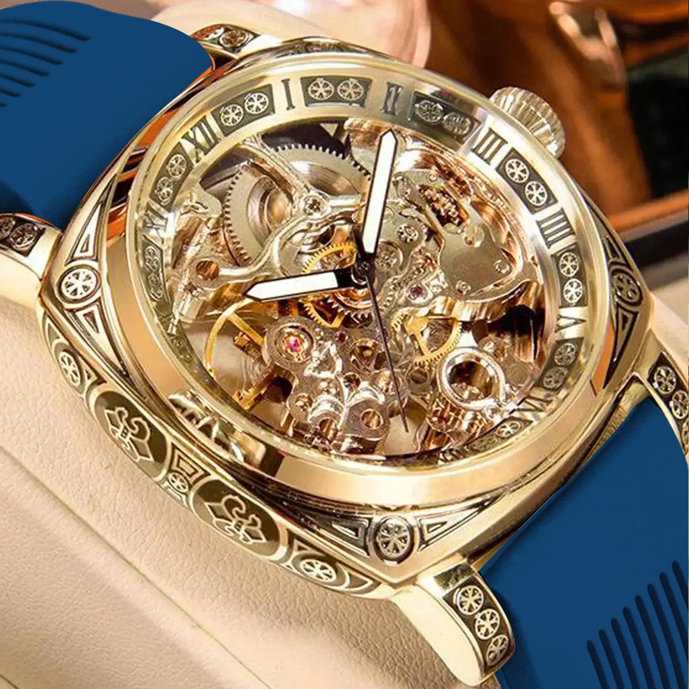 A MEN'S Black Zinc Alloy Business Style Luminous Carved Fully Automatic Tourbillon Hollow Mechanical Watch