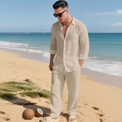 The 2026 Summer Men's linen short-sleeved shirt set is a two-piece long pants set suitable fordaily casual beach vacations 2Pcs