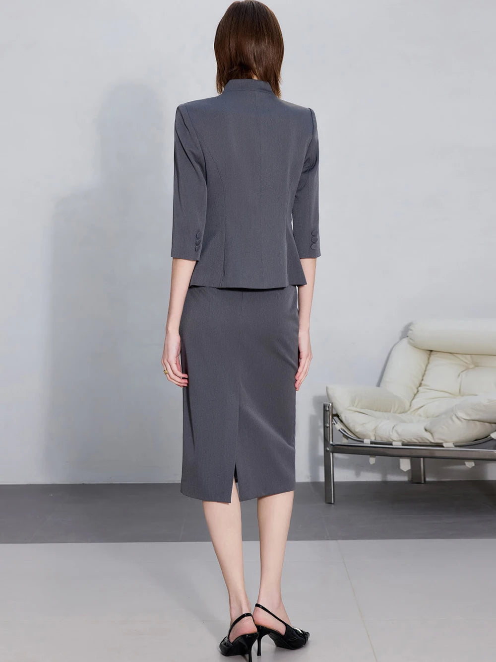 Two-Piece Suit For Women, Navy Blue Luxury Fashion Workplace Two-Piece Skirt Set, Minimalist Elegant Three-Quarter Sleeve Design