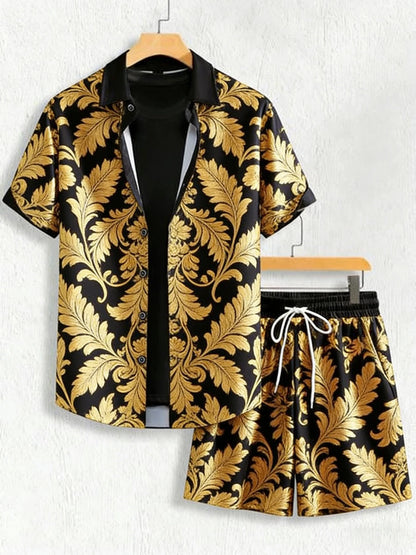 2026 summer new lapel short-sleeved shirt suit Baroque gold 3D printed shirt Hawaiian casual social party men's clothing