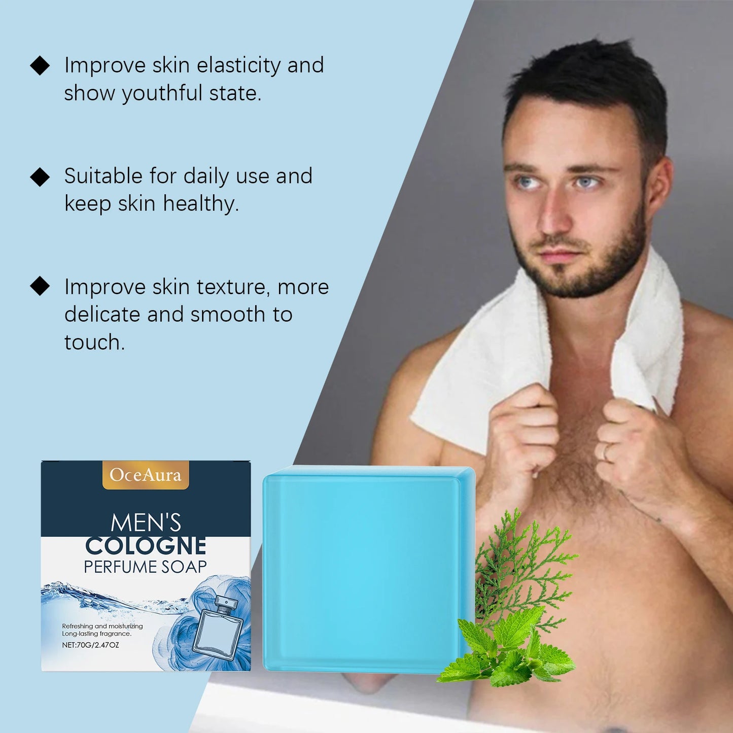 OceAura Men's Perfume Bath Soap Gentle Cleansing Body Skin Refreshing Non-oily Comfort Care Soap Cool Texture 70g