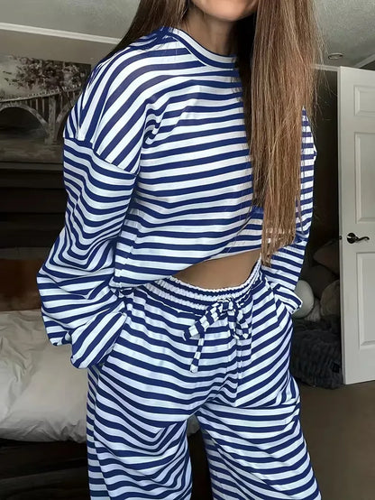 New Simple Striped Suit Simple  Loose Comfortable Lazy Style Long-sleeved Round Neck Pullover Top Lace-up Trousers Two-piece Set