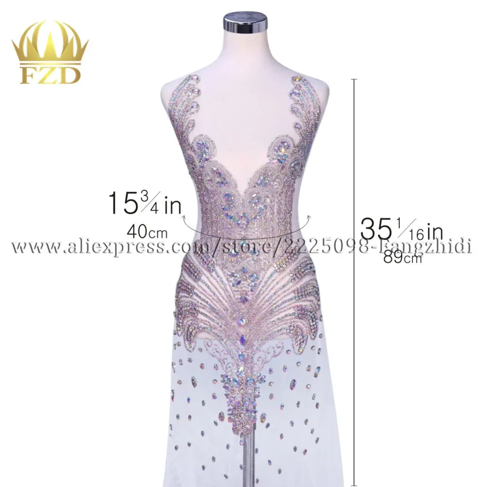 FZD 1 PC Silver Rhinestone Crystal Patches Handmade Gold Crystal Glass Rhinestone Bodice Applique Sew on Wedding Evening Dresses