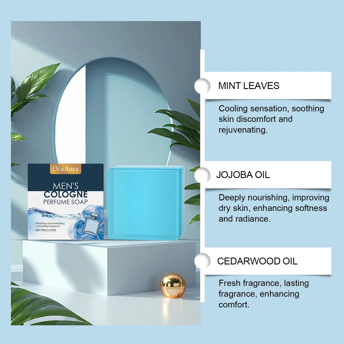 OceAura Men's Perfume Bath Soap Gentle Cleansing Body Skin Refreshing Non-oily Comfort Care Soap Cool Texture 70g