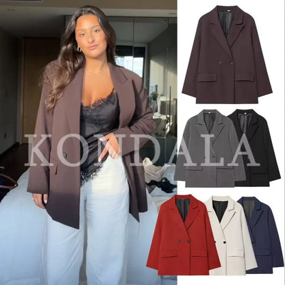 KONDALA Elegant Double Breasted Suit Women Trendy Commute Lapel Blazer Coat 2026 Spring Summer Minimalist Office Lady Blazer