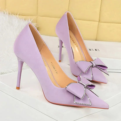 BIGTREE Fashion Korean Version 10cm High Heels Pumps Silk Shallow Pointed Toe Crystal Butterfly BowKnots Lady Red Purple Shoes